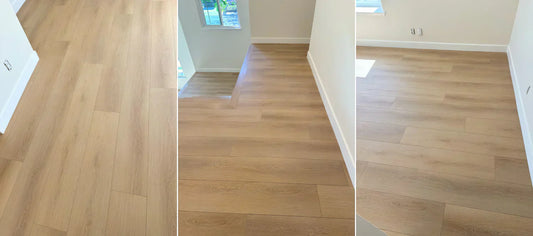 Light oak hardwood flooring in a modern, sunlit interior with white walls and baseboards