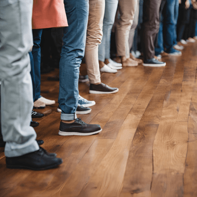 People standing on stylish hardwood flooring, showcasing durable wood floor finish.