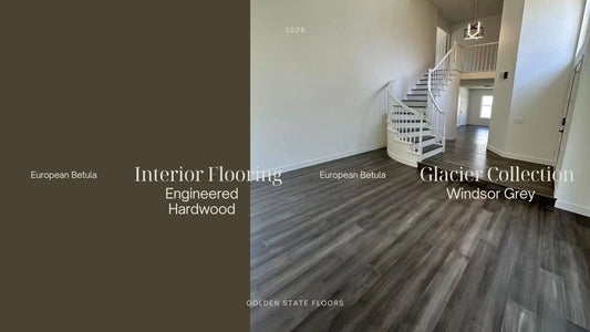 Modern entryway with Windsor Grey European Betula engineered hardwood flooring, staircase, white walls