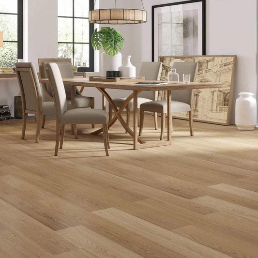 Modern dining room with light oak hardwood flooring, wooden table and chairs, large windows