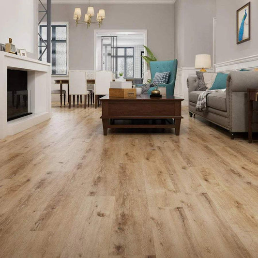 Light oak vinyl flooring in a modern living room with neutral furniture and decor