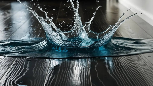 Water splashing on dark hardwood flooring, highlighting water resistance and wood grain texture.