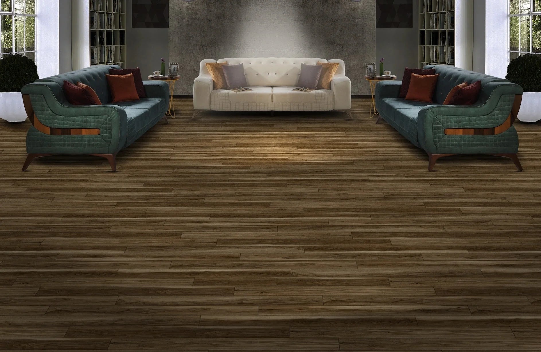 Gray hardwood flooring with natural wood grain texture and subtle knot patterns