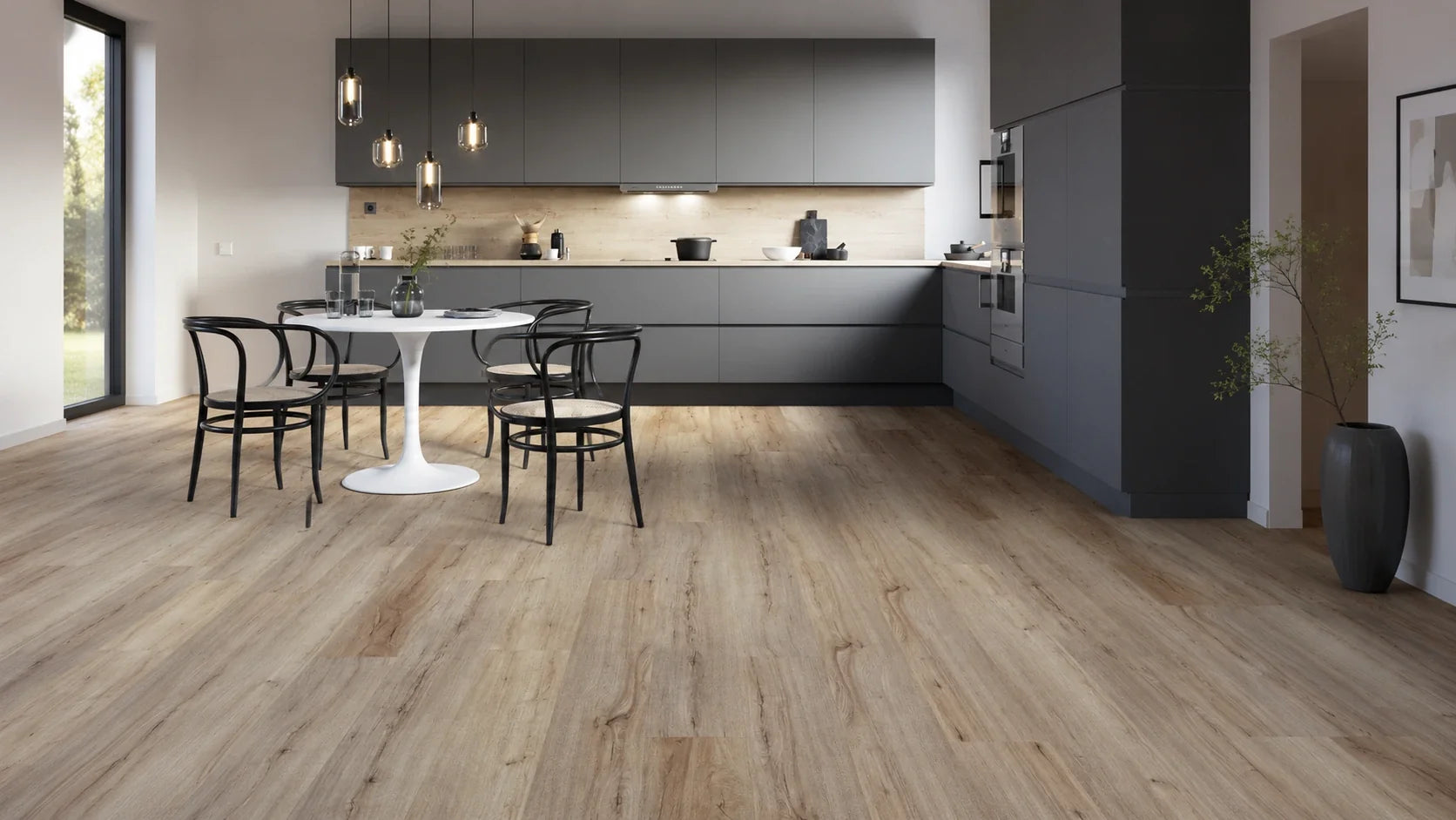 Modern dining rooms with durable hardwood flooring and natural wood grain finish.