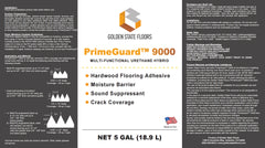PrimeGuard 9000 multi-functional urethane hybrid adhesive label for hardwood flooring, showing product benefits and application instructions.